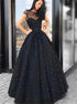 A Line Black Prom Dresses Jewel Cap Sleeves with Pearls LBQ1276